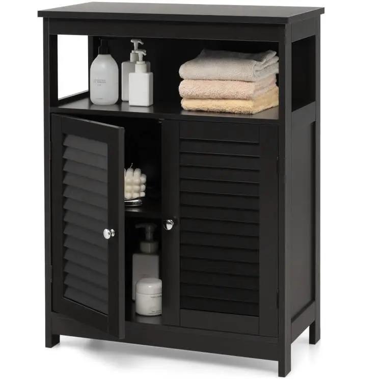 Black Farmhouse Bathroom Linen Cabinet with Louvered Doors and Open Shelf by HomePacific