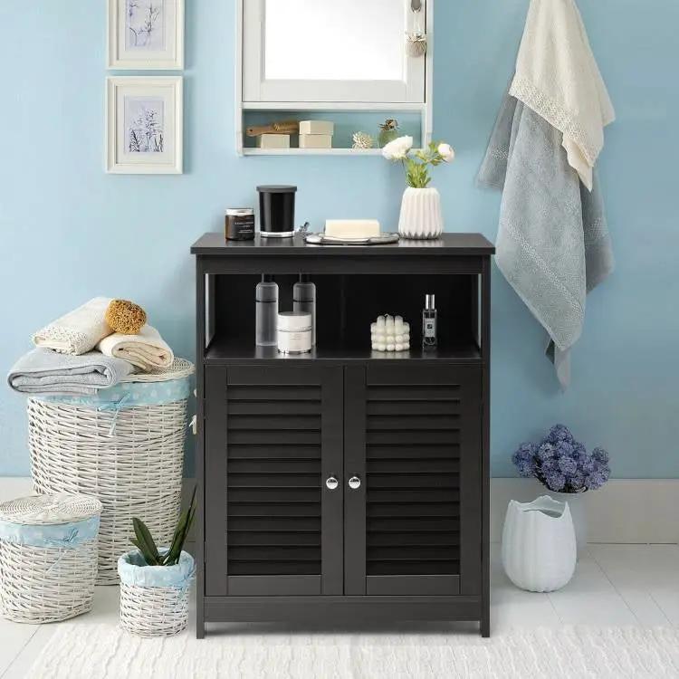 Black Farmhouse Bathroom Linen Cabinet with Louvered Doors and Open Shelf by HomePacific