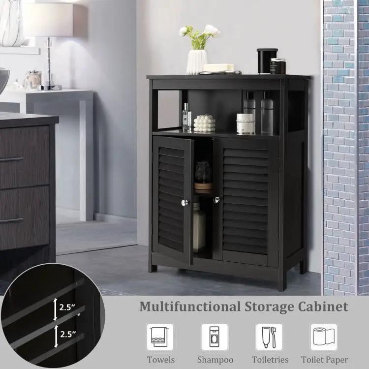 Black Farmhouse Bathroom Linen Cabinet with Louvered Doors and Open Shelf by HomePacific
