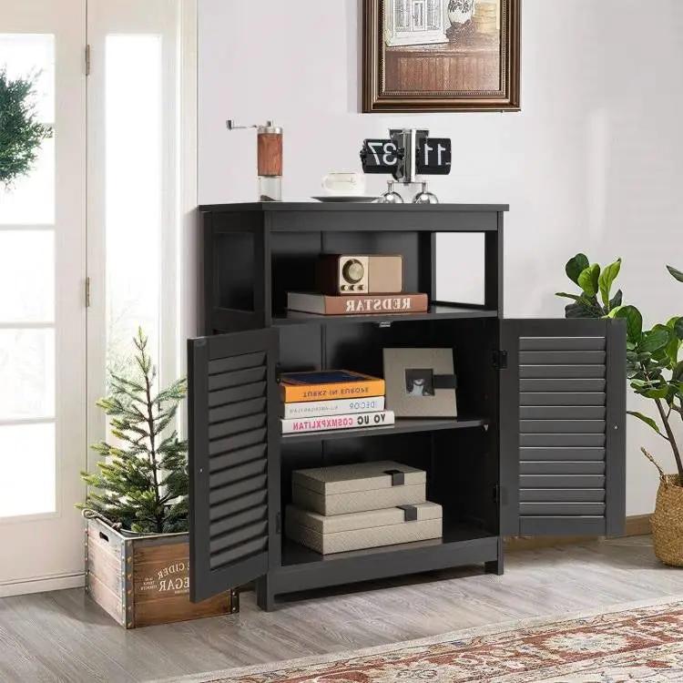 Black Farmhouse Bathroom Linen Cabinet with Louvered Doors and Open Shelf by HomePacific