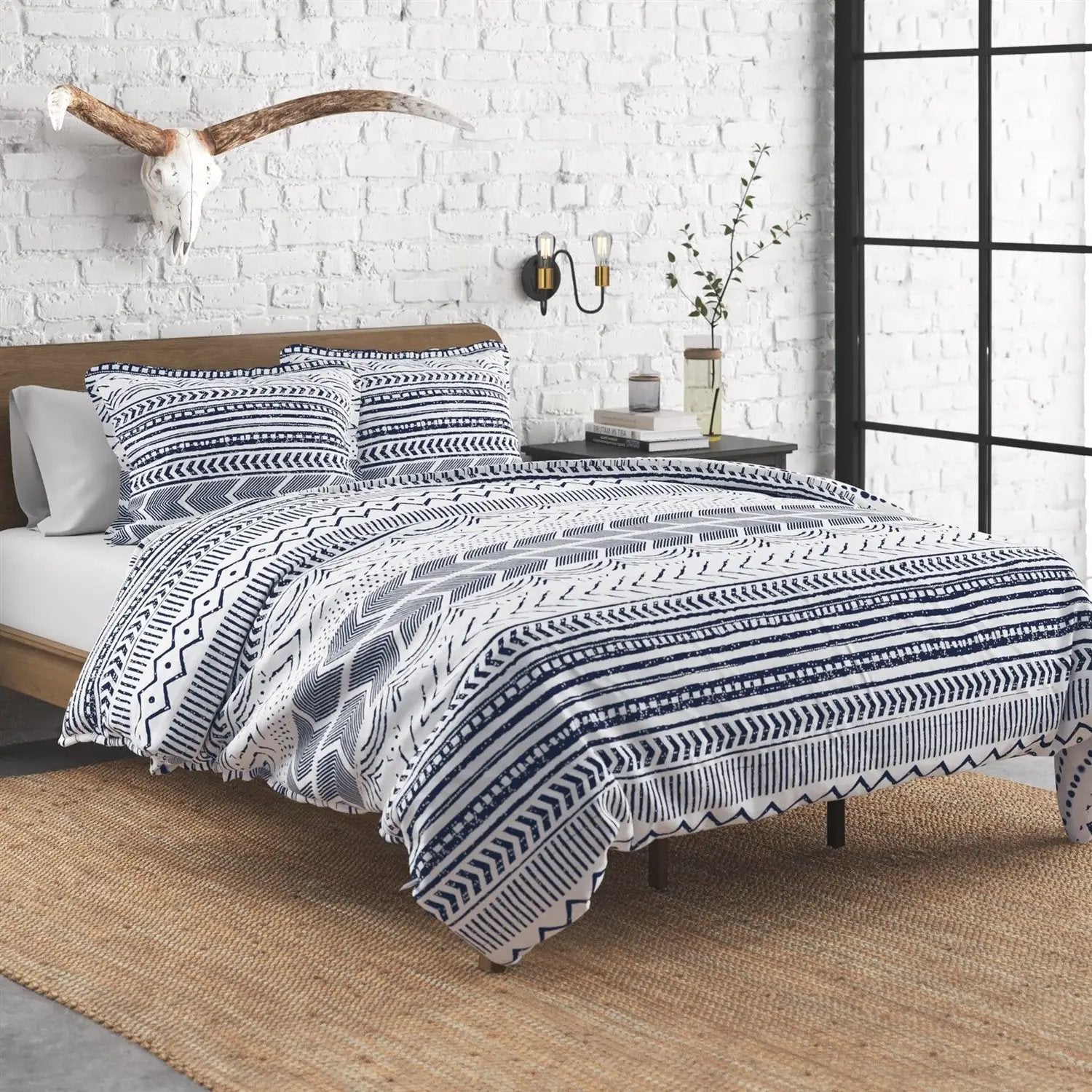 3 Piece Scandinavian Blue White Reversible Cotton Set in Full/Queen by HomePacific