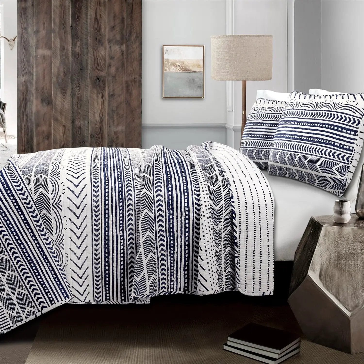 3 Piece Scandinavian Blue White Reversible Cotton Set in Full/Queen by HomePacific