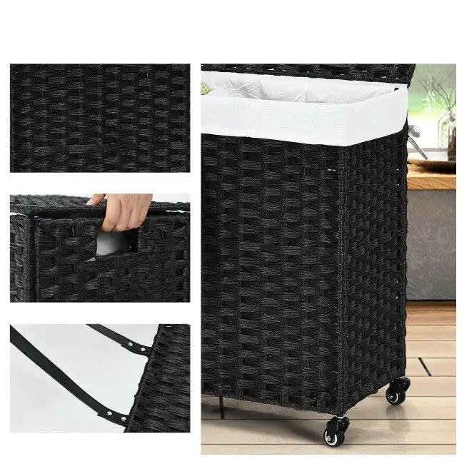 Black 3 Bin Linen Lined on Wheels PR Rattan Laundry Hamper by HomePacific