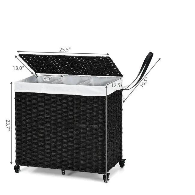 Black 3 Bin Linen Lined on Wheels PR Rattan Laundry Hamper by HomePacific