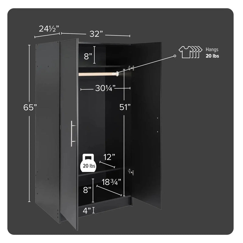 Bedroom Armoire Wardrobe Cabinet with Hanging Rail in Black Wood Finish by HomePacific