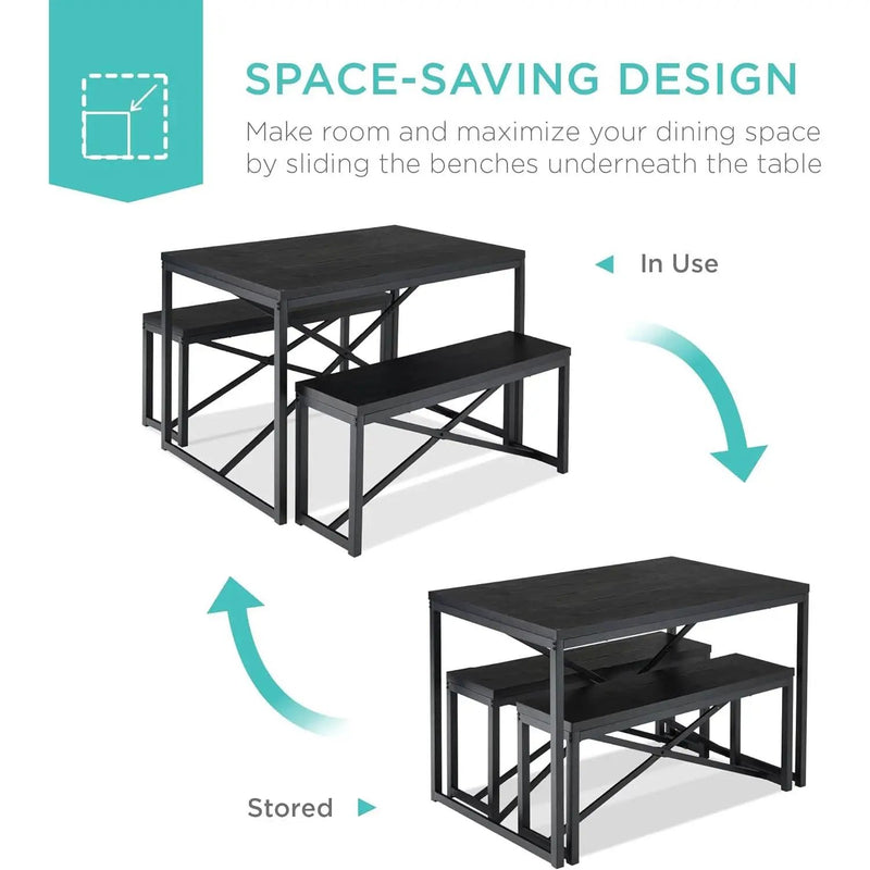 Modern 3-Piece Dining Set - Metal Frame Black Wood Top Table and 2 Bench Chairs by HomePacific