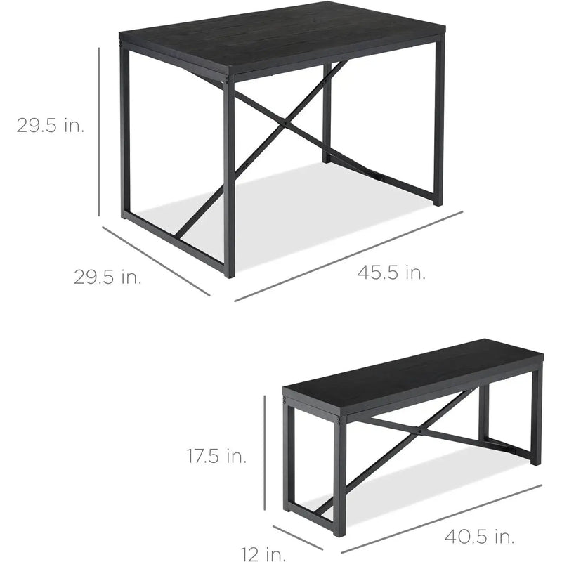 Modern 3-Piece Dining Set - Metal Frame Black Wood Top Table and 2 Bench Chairs by HomePacific
