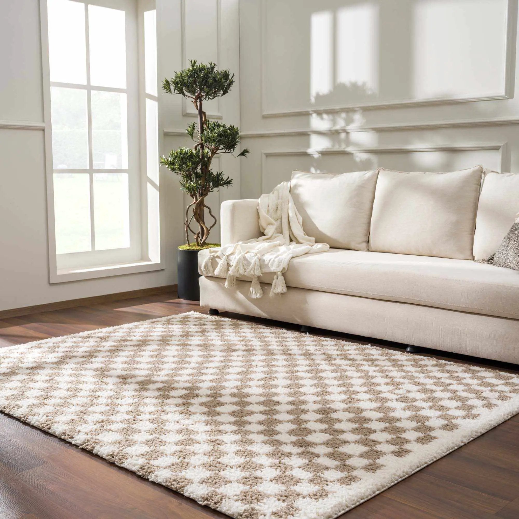 Kieu Taupe Checkered Shag Rug by Boutique Rugs