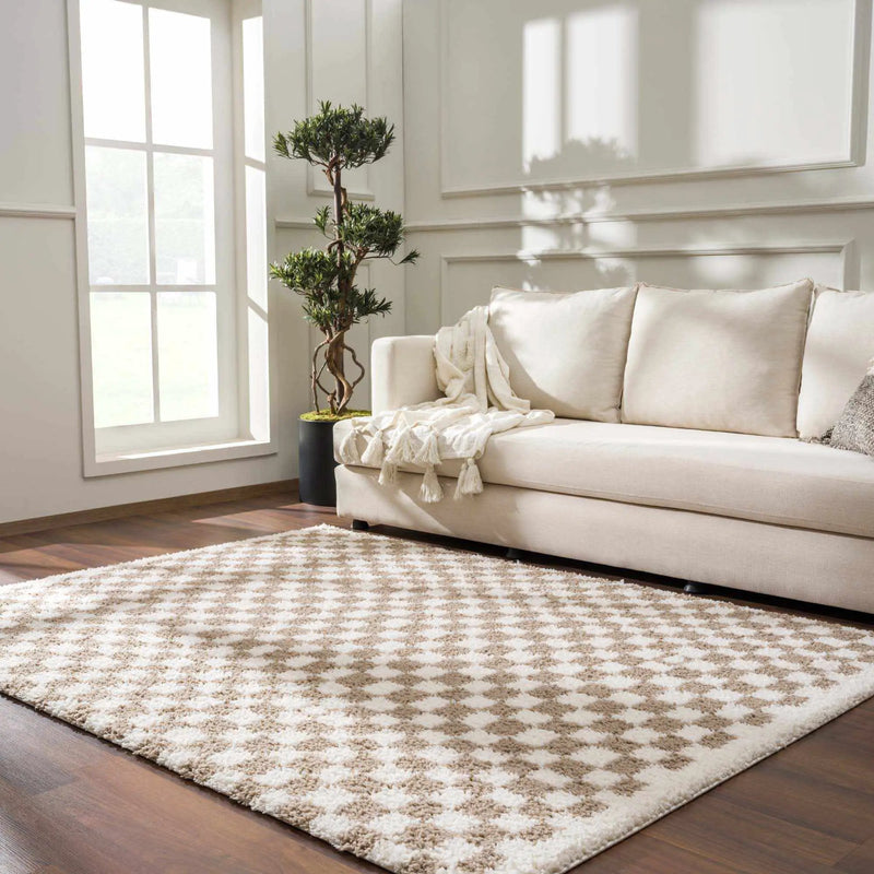 Kieu Taupe Checkered Shag Rug by Boutique Rugs