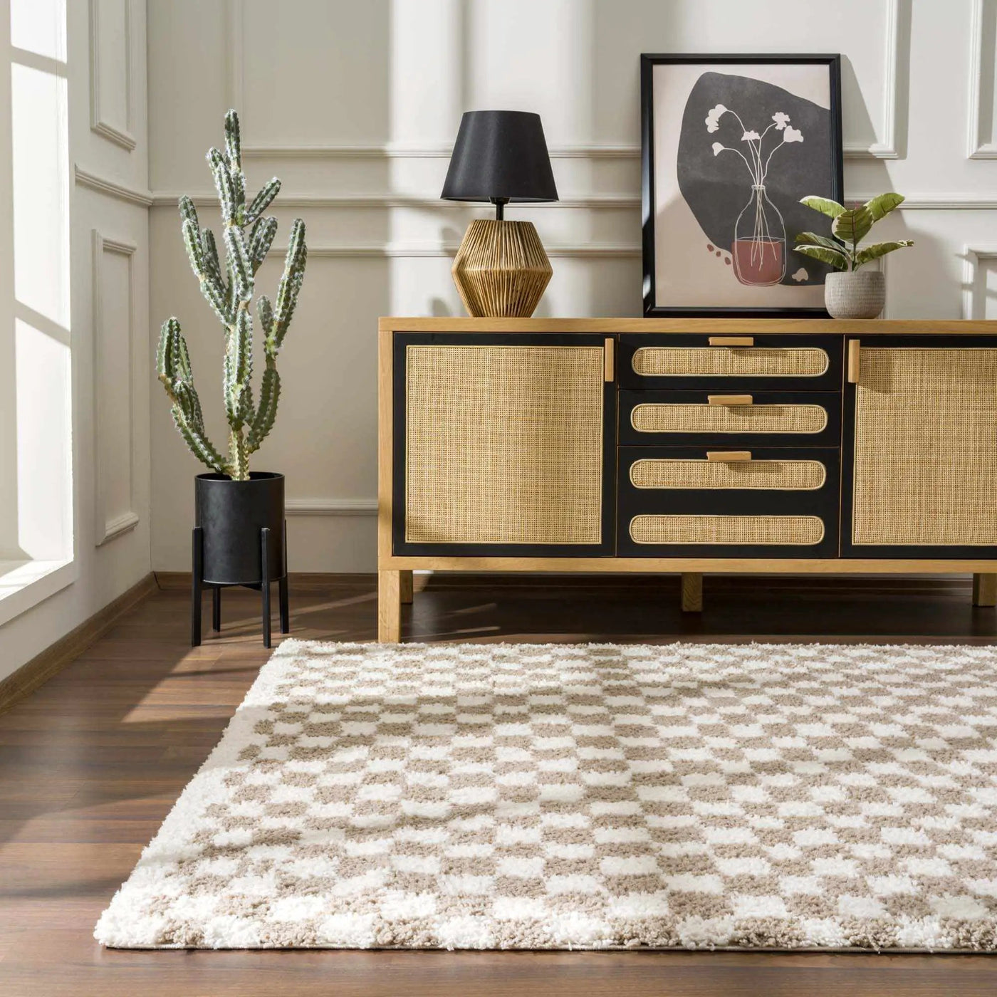 Kieu Taupe Checkered Shag Rug by Boutique Rugs
