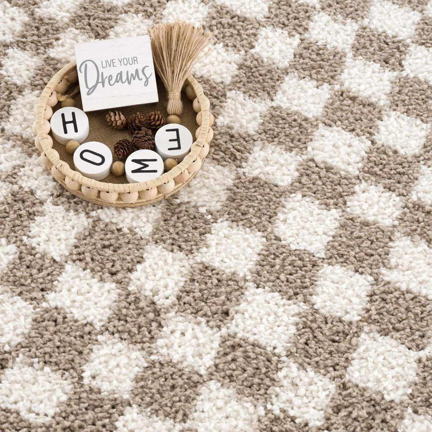 Kieu Taupe Checkered Shag Rug by Boutique Rugs