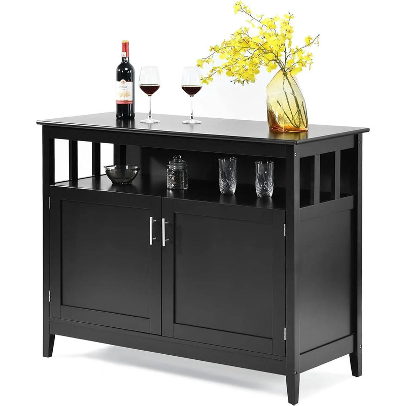 Black Wood 2-Door Dining Buffet Sideboard Cabinet with Open Storage Shelf by HomePacific