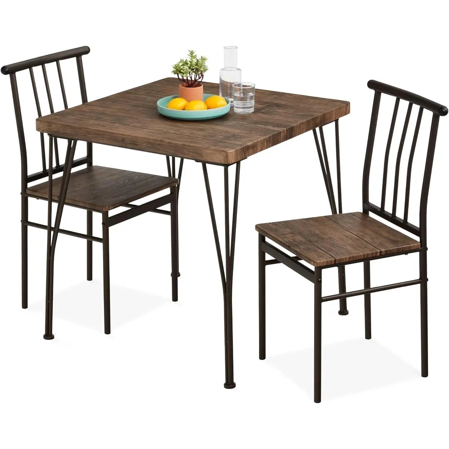 3-Piece Black Metal Frame Dining Set with Dark Brown Wood Top Table and 2 Chairs by HomePacific