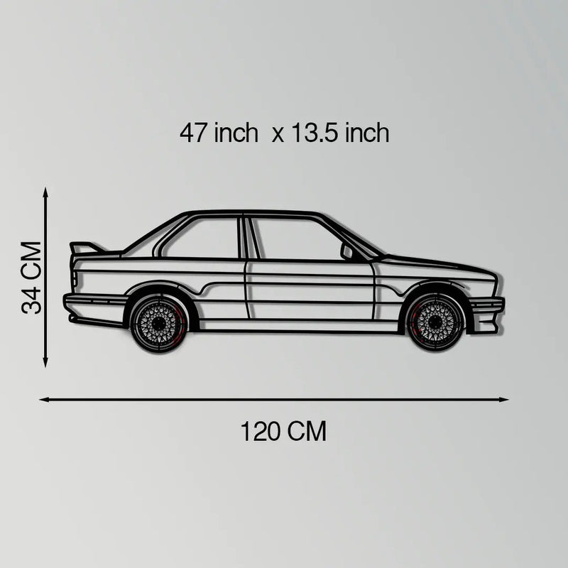 BMW E30 M3 Metal Car Wall Art with Rotating Wheels - Classic M Power Silhouette Decor - Interactive Automotive Wall Art - KAFMEKA100 by Enova Art