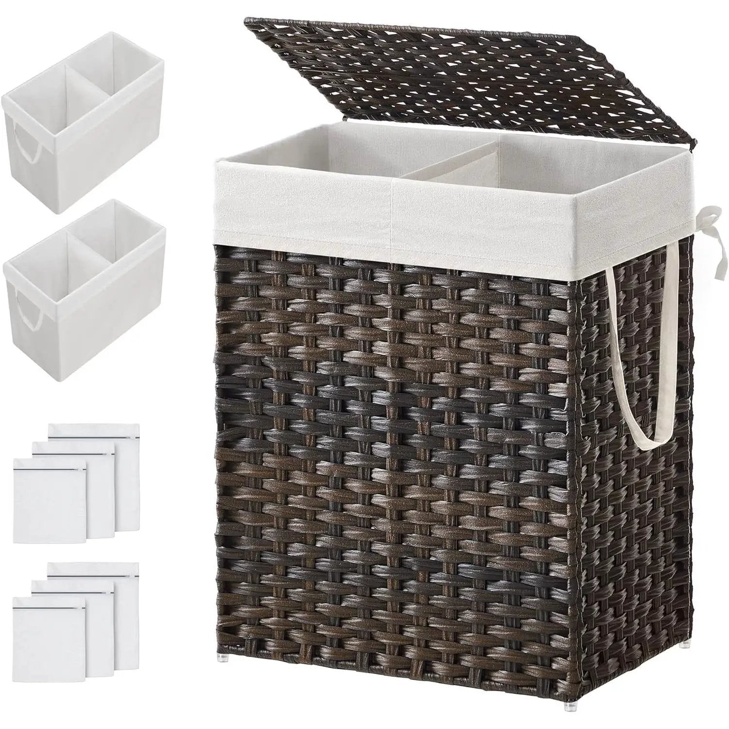 Brown PP Rattan 24-Gal Laundry Hamper Basket w/ 2-Compartment Washable Liner Bag by HomePacific