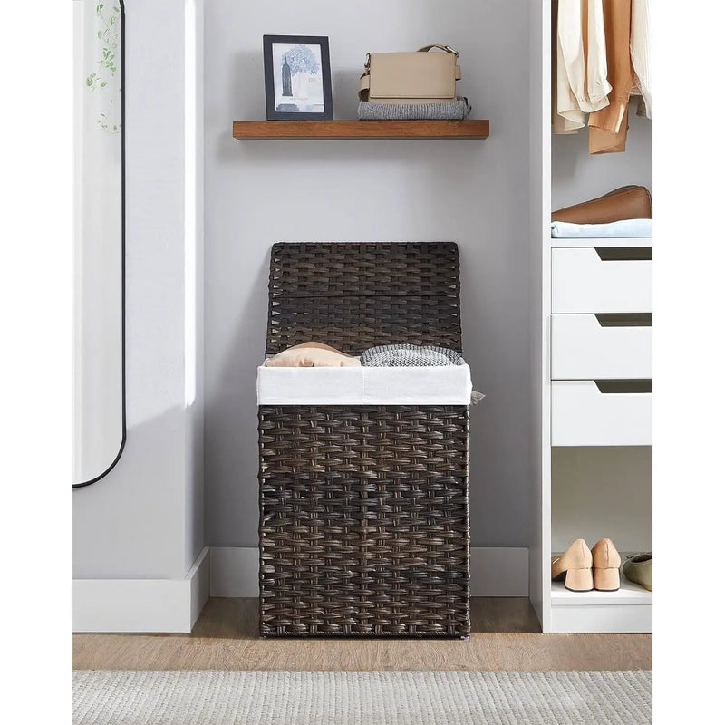Brown PP Rattan 24-Gal Laundry Hamper Basket w/ 2-Compartment Washable Liner Bag by HomePacific