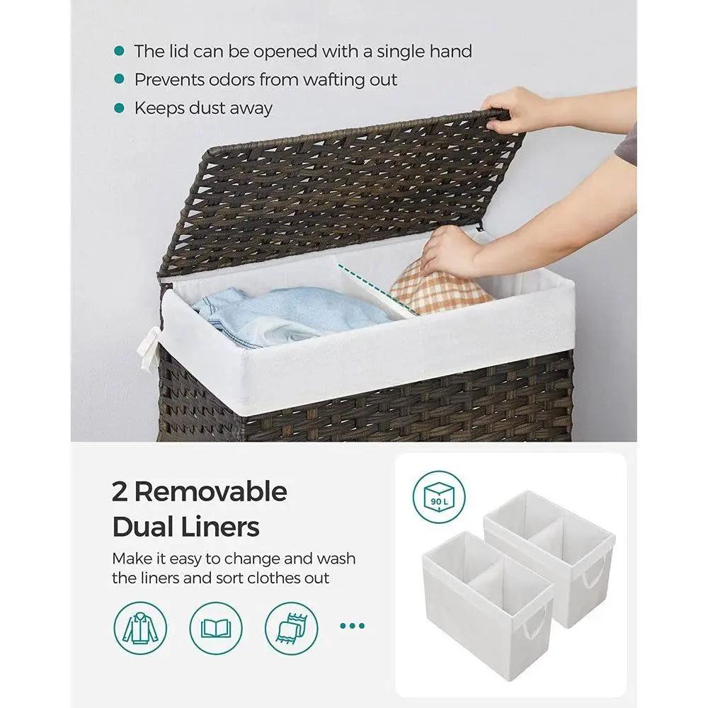 Brown PP Rattan 24-Gal Laundry Hamper Basket w/ 2-Compartment Washable Liner Bag by HomePacific