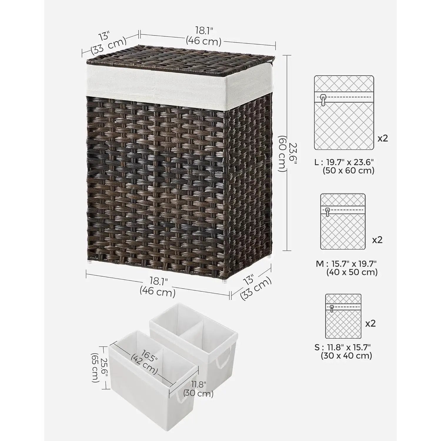 Brown PP Rattan 24-Gal Laundry Hamper Basket w/ 2-Compartment Washable Liner Bag by HomePacific