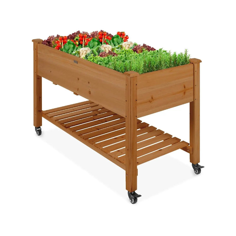 Outdoor Brown Wood Raised Garden Bed Planter Box with Shelf and Locking Wheels by HomePacific