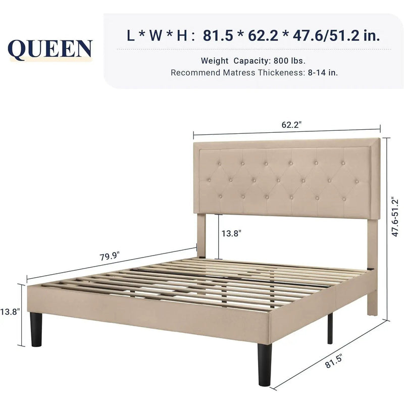 Queen size Beige Linen Platform Bed Frame with Button Tufted Headboard by HomePacific
