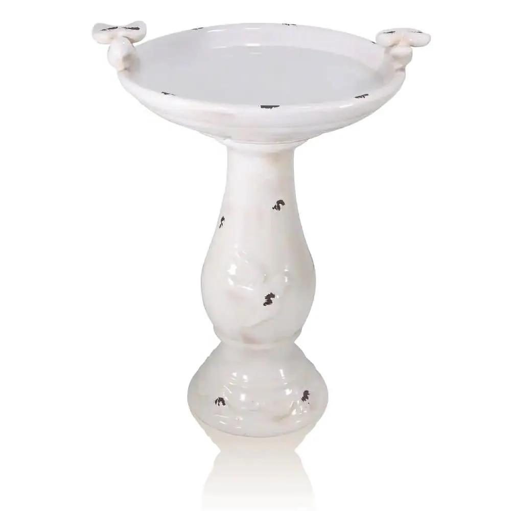 Outdoor Off-White Ceramic Birdbath in Light-Brown Antique Finish by HomePacific