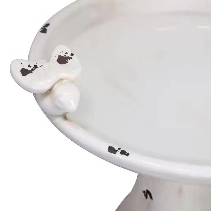 Outdoor Off-White Ceramic Birdbath in Light-Brown Antique Finish by HomePacific