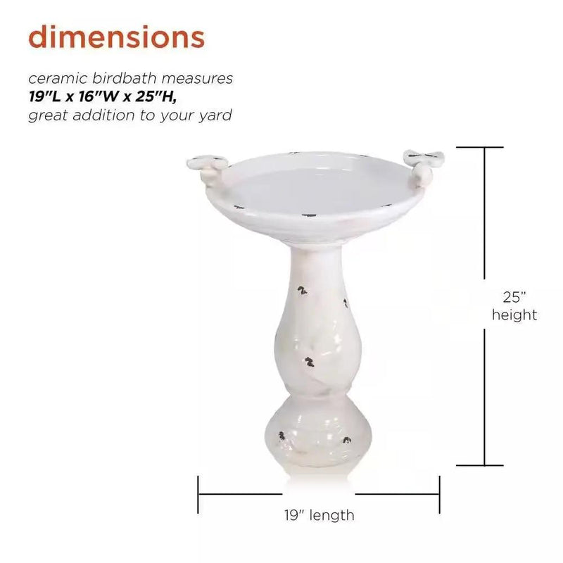 Outdoor Off-White Ceramic Birdbath in Light-Brown Antique Finish by HomePacific