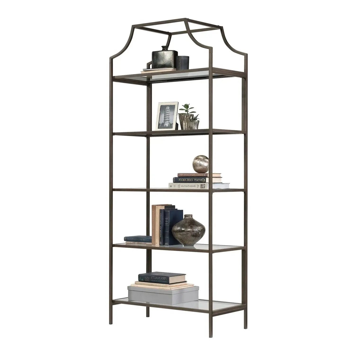 Elegant Bronze Metal Display Rack Etagere Bookcase with 5 Glass Storage Shelves by HomePacific