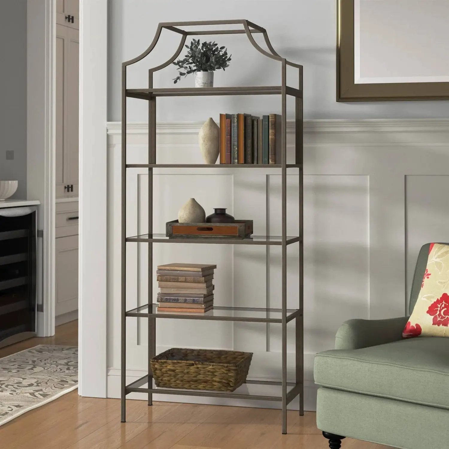Elegant Bronze Metal Display Rack Etagere Bookcase with 5 Glass Storage Shelves by HomePacific