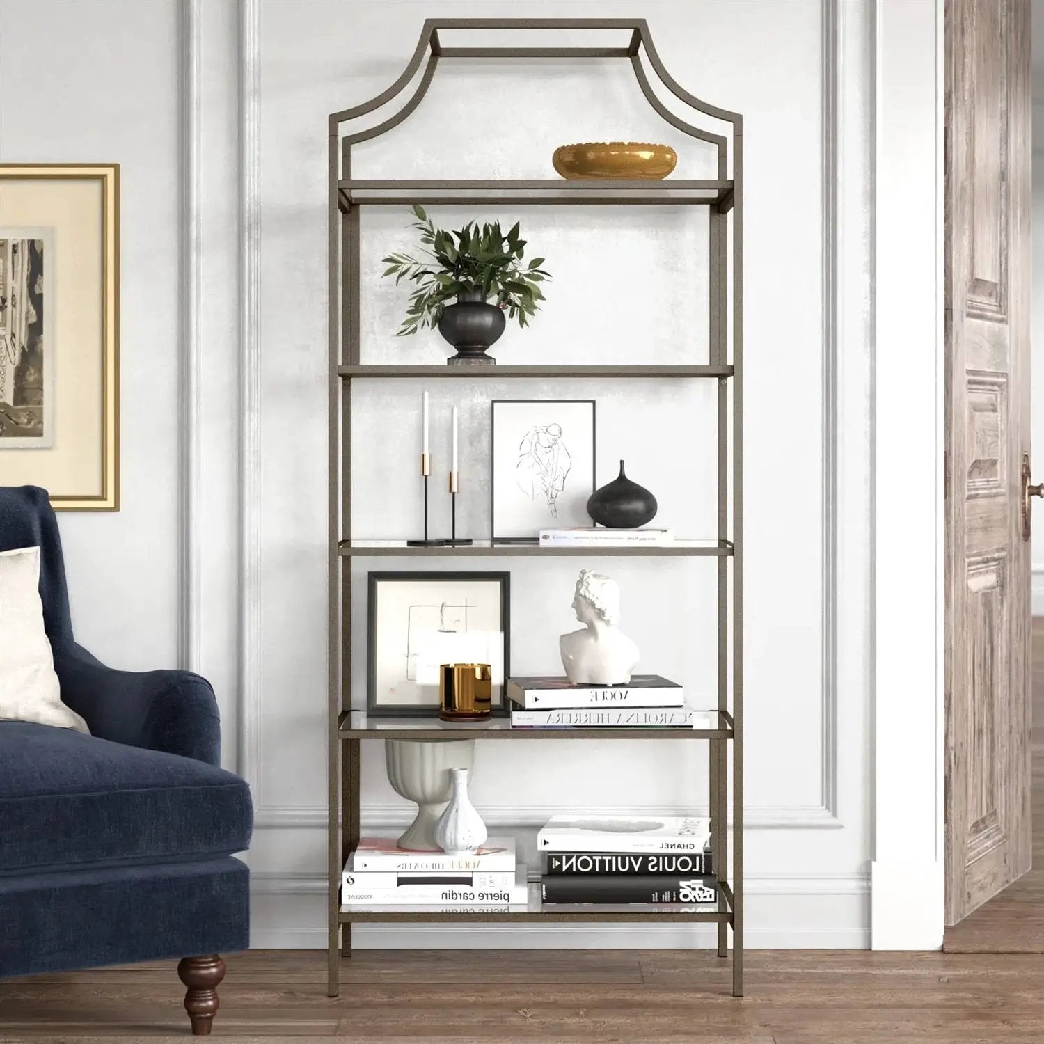 Elegant Bronze Metal Display Rack Etagere Bookcase with 5 Glass Storage Shelves by HomePacific