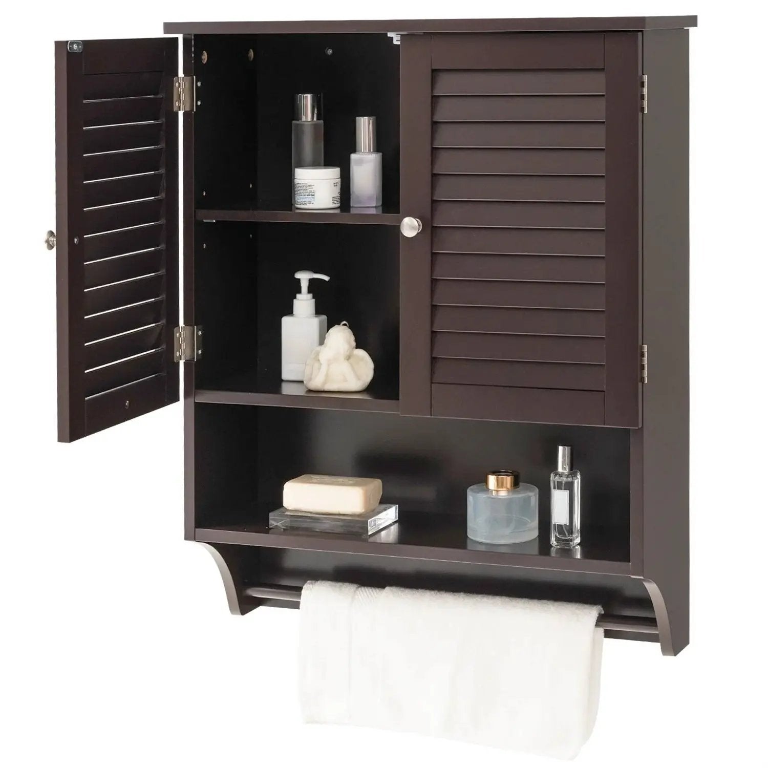 Brown Wall-Mounted Bathroom Medicine Cabinet with Louver Doors and Towel Bar by HomePacific
