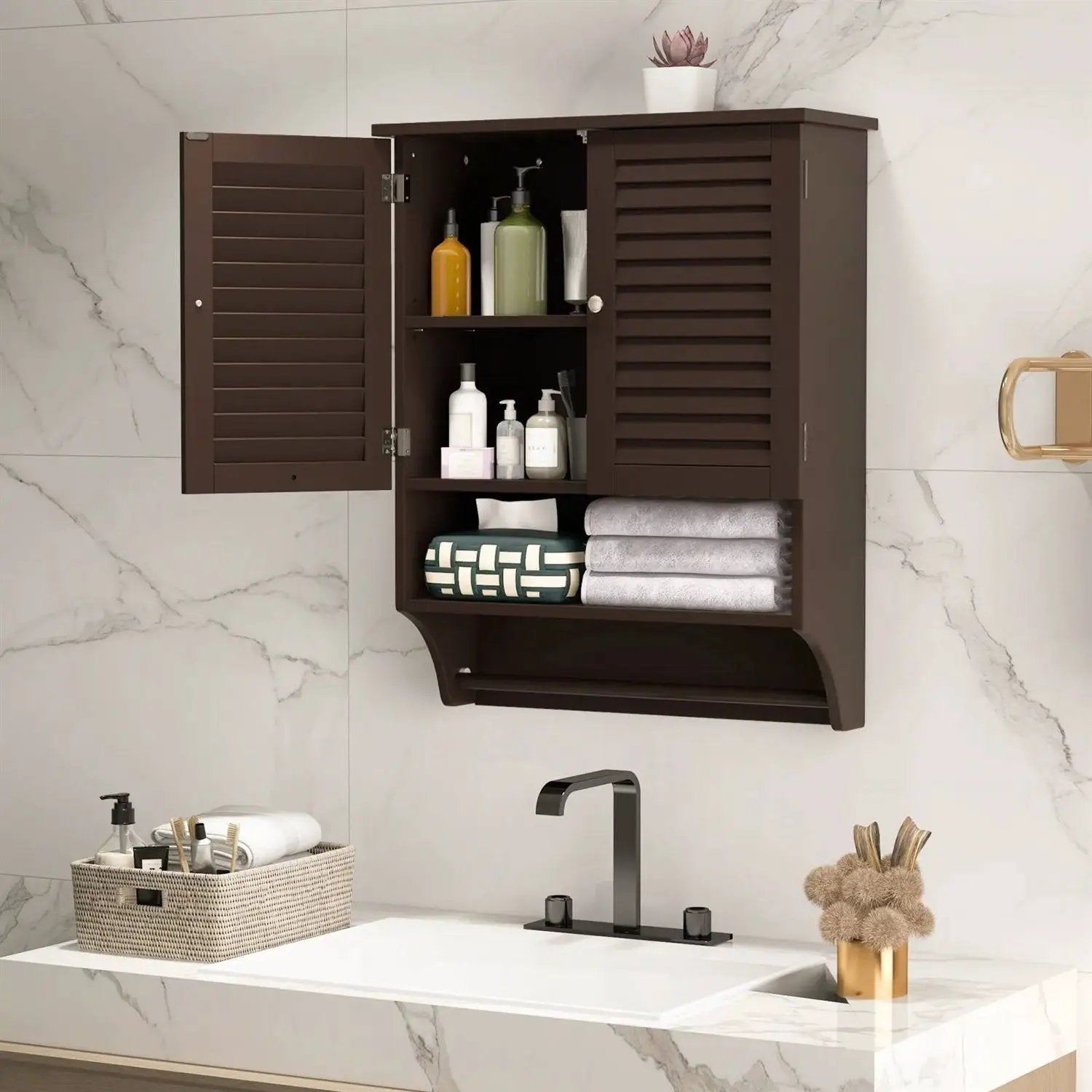 Brown Wall-Mounted Bathroom Medicine Cabinet with Louver Doors and Towel Bar by HomePacific