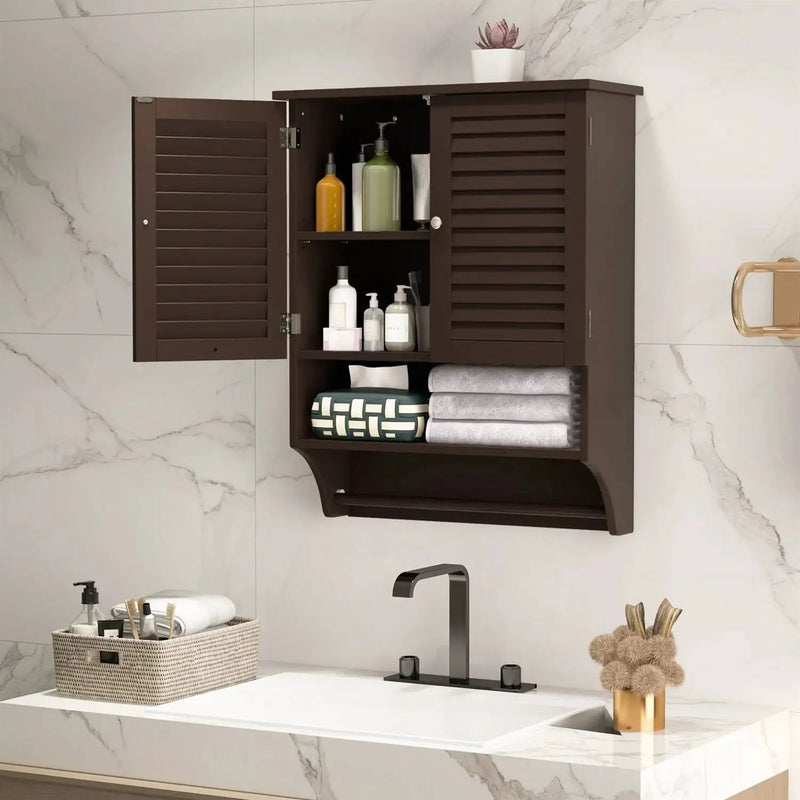 Brown Wall-Mounted Bathroom Medicine Cabinet with Louver Doors and Towel Bar by HomePacific
