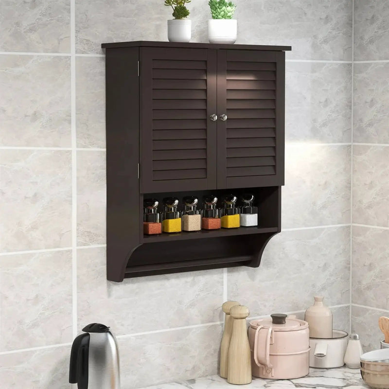 Brown Wall-Mounted Bathroom Medicine Cabinet with Louver Doors and Towel Bar by HomePacific