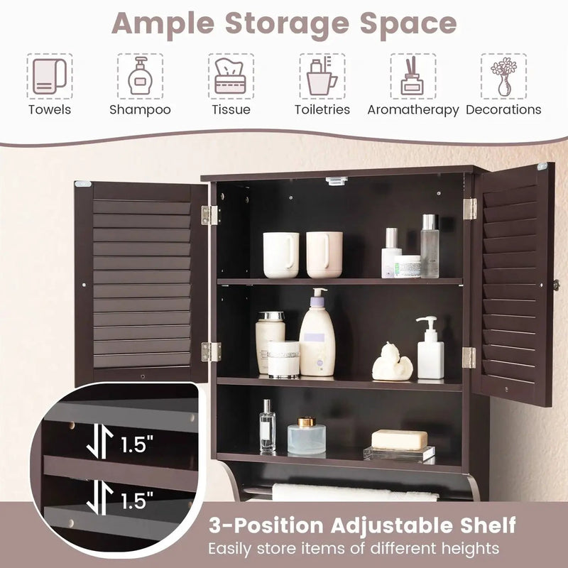 Brown Wall-Mounted Bathroom Medicine Cabinet with Louver Doors and Towel Bar by HomePacific