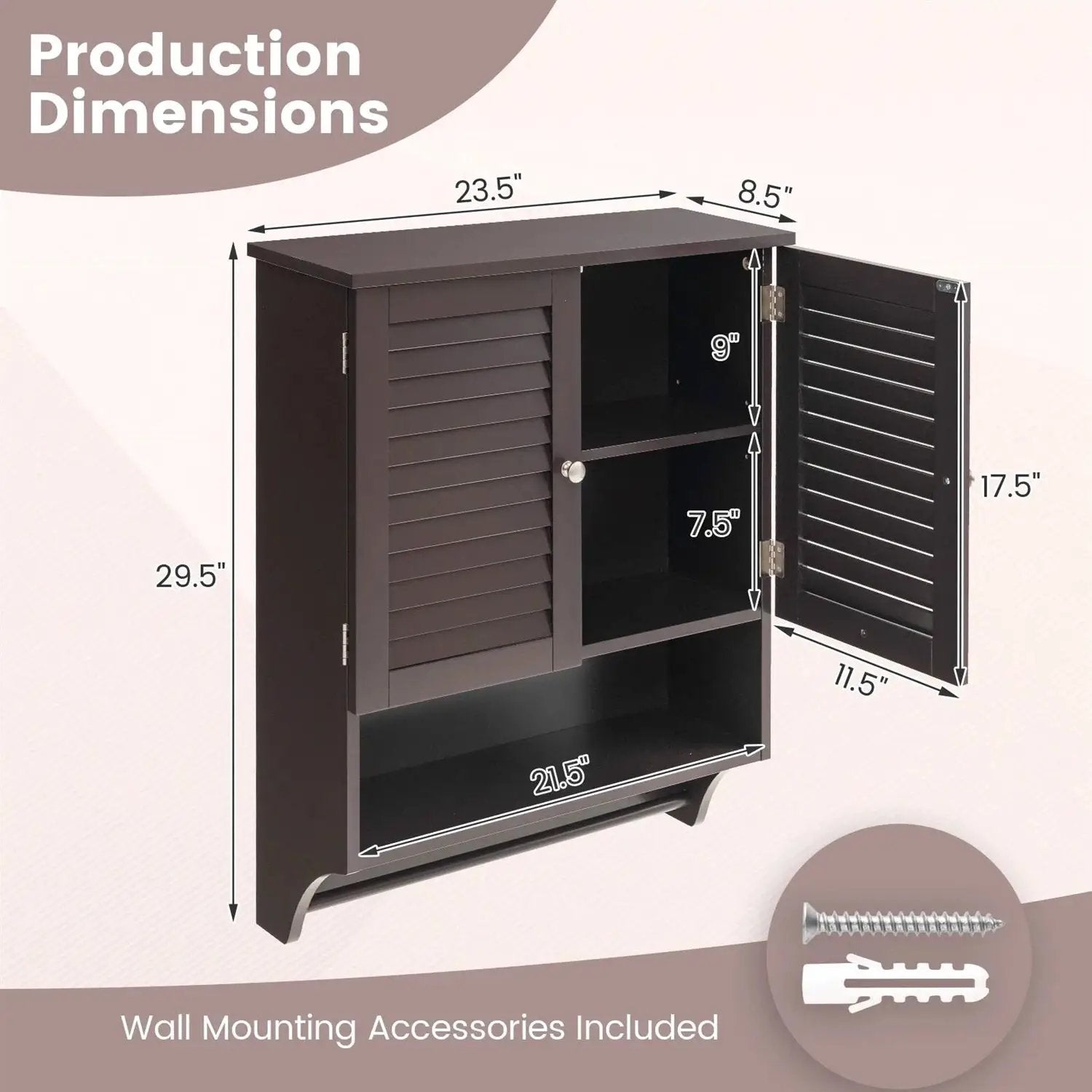 Brown Wall-Mounted Bathroom Medicine Cabinet with Louver Doors and Towel Bar by HomePacific