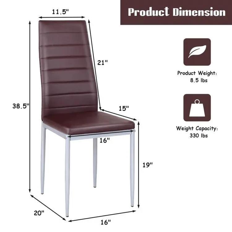 Set of 4 Modern High Back Brown PVC Leather Dining Chairs with Metal Legs by HomePacific