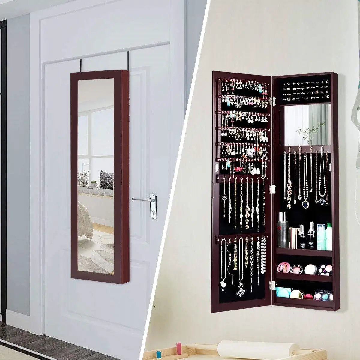 2-in-1 Dark Brown Wall or Door Mounted Jewelry Organizer Full Length Mirror by HomePacific