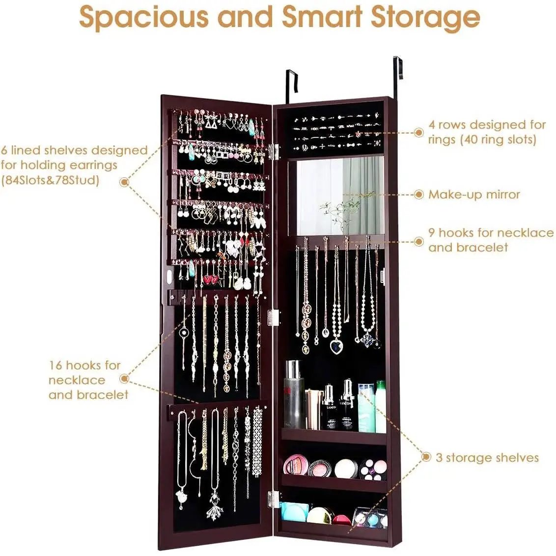 2-in-1 Dark Brown Wall or Door Mounted Jewelry Organizer Full Length Mirror by HomePacific