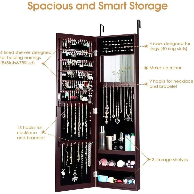 2-in-1 Dark Brown Wall or Door Mounted Jewelry Organizer Full Length Mirror by HomePacific