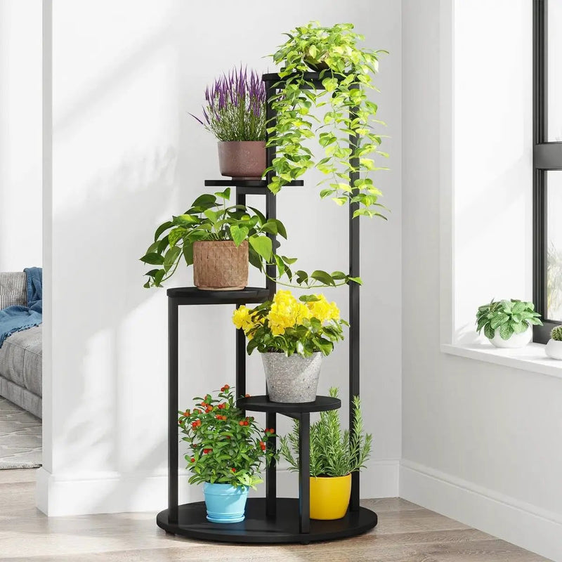5-Tier Indoor Plant Stand with Black Metal Frame and Brown Wood Finish Shelves by HomePacific