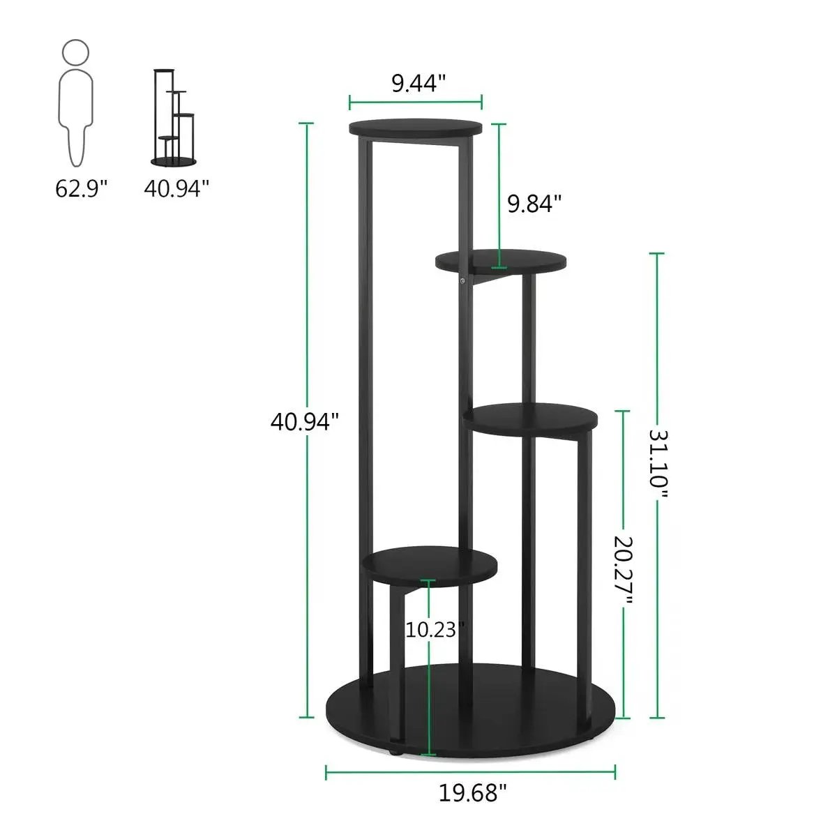 5-Tier Indoor Plant Stand with Black Metal Frame and Brown Wood Finish Shelves by HomePacific