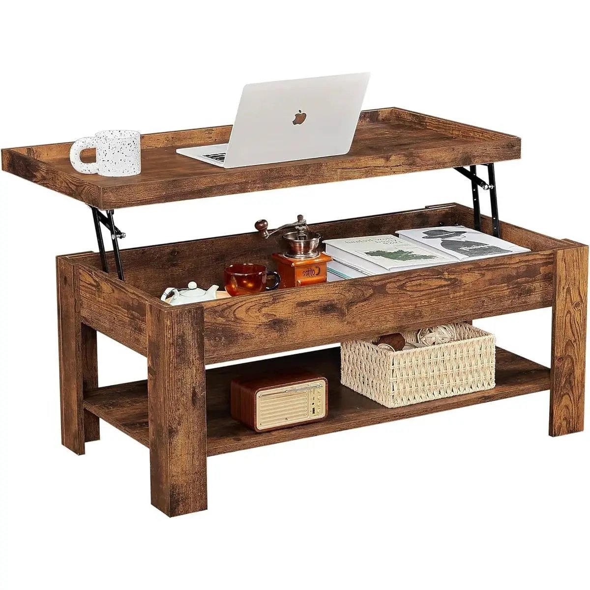 Modern Lift Top Coffee Table with Storage Shelf in Brown Wood Finish by HomePacific