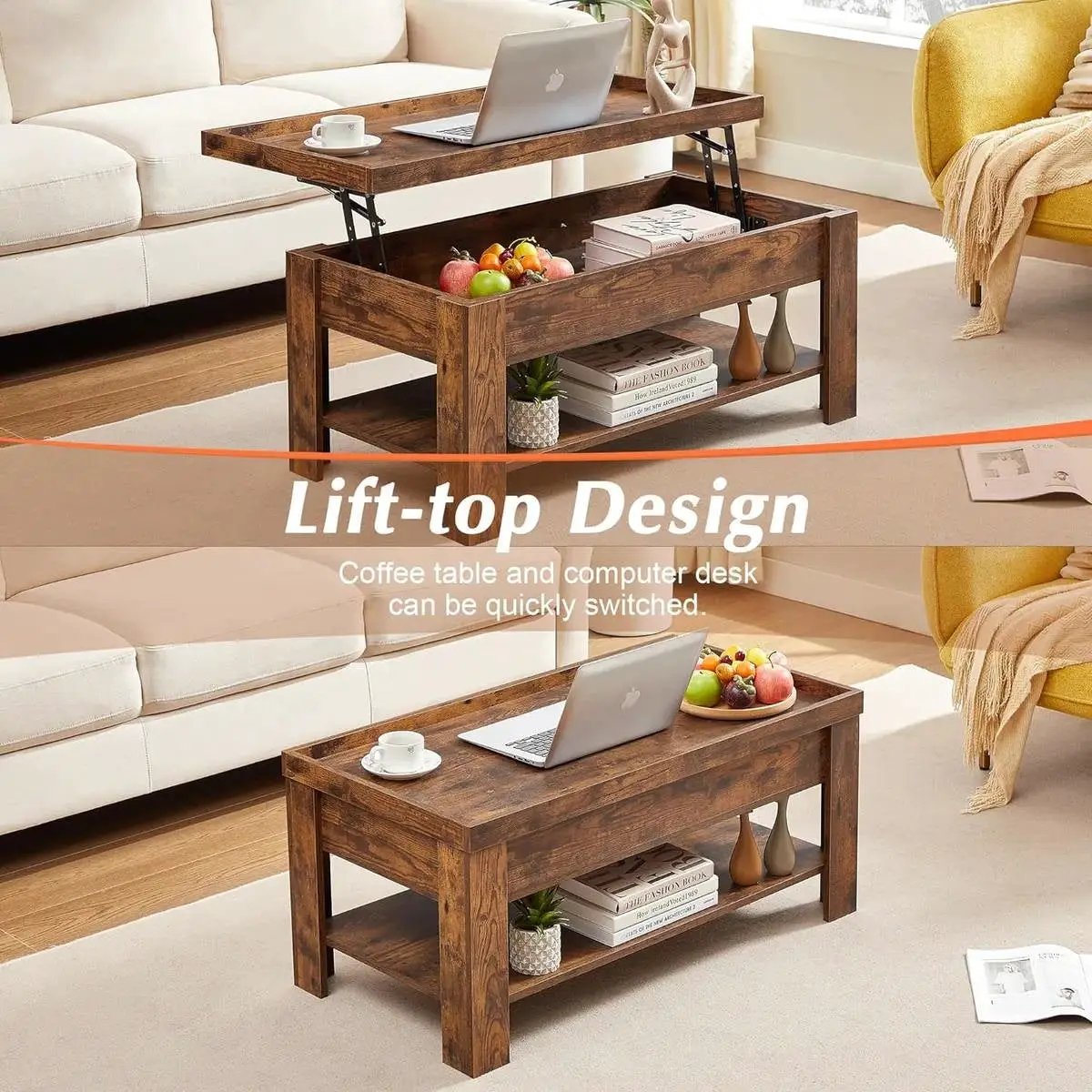 Modern Lift Top Coffee Table with Storage Shelf in Brown Wood Finish by HomePacific