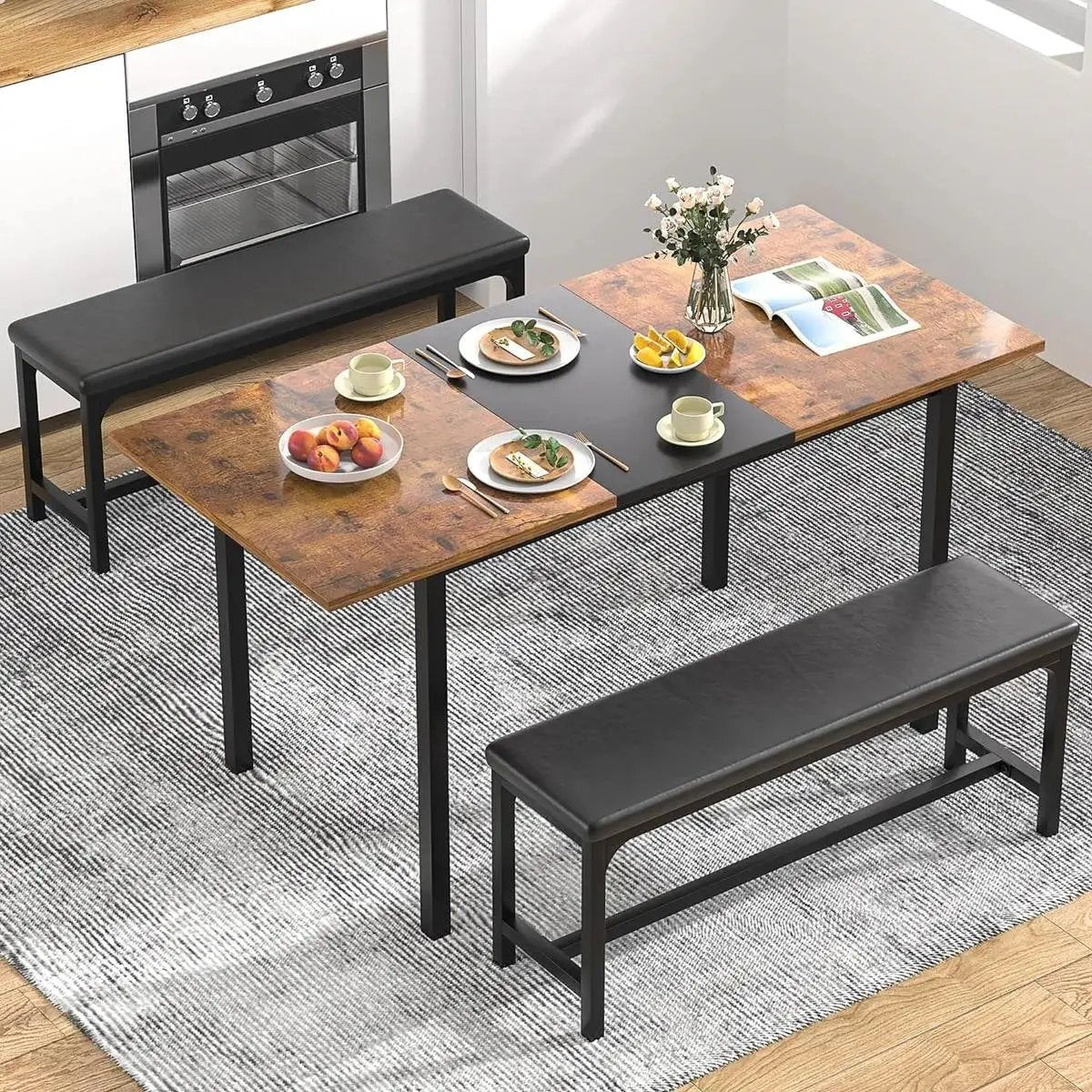 Modern 3-Piece Dining Set with Expandable Kitchen Table and 2 Backless Benches by HomePacific