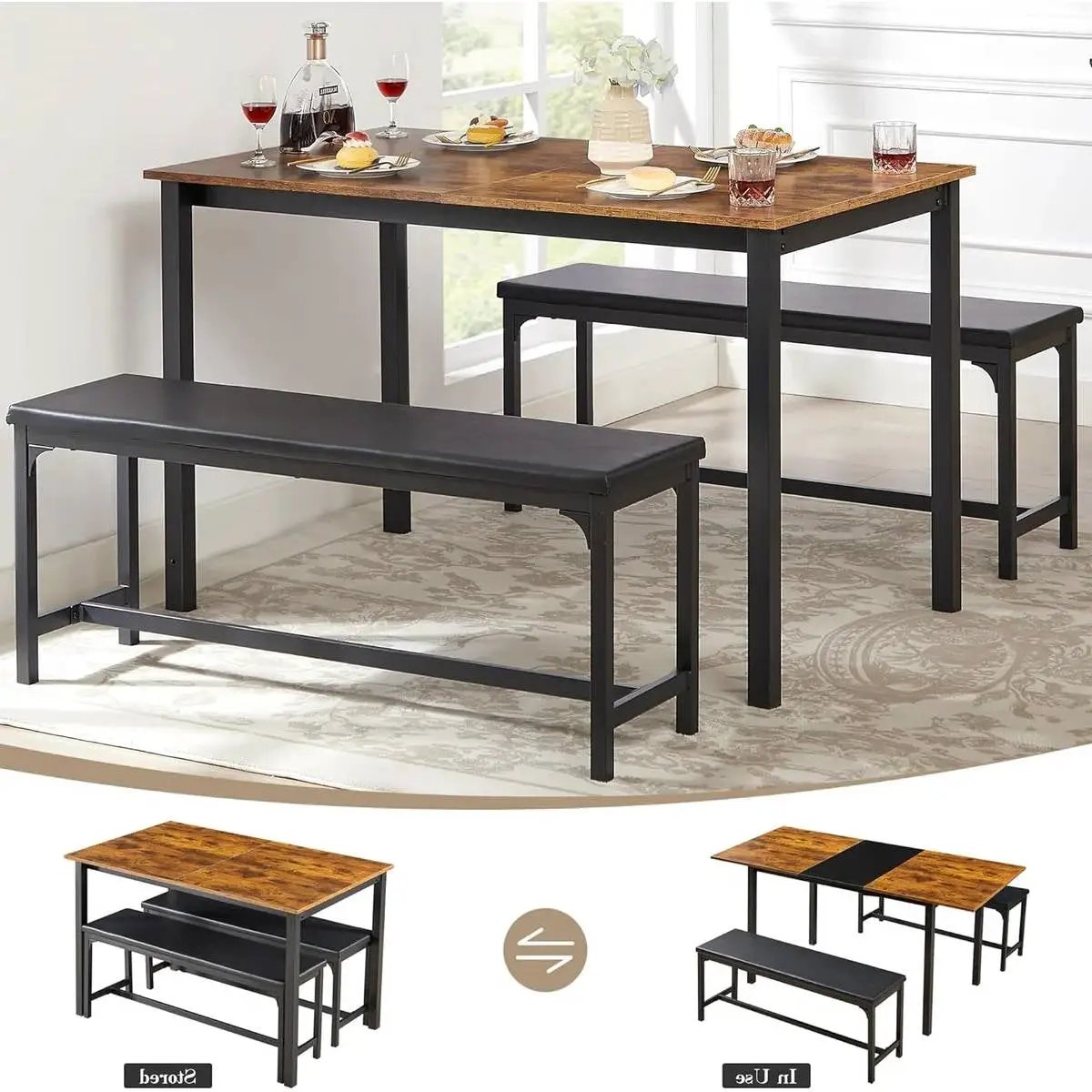 Modern 3-Piece Dining Set with Expandable Kitchen Table and 2 Backless Benches by HomePacific
