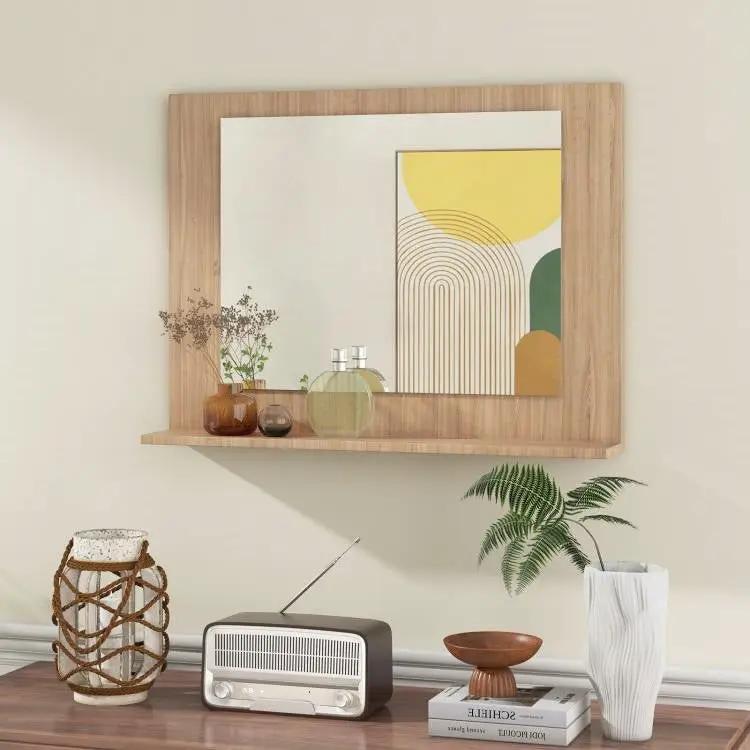 Rectangular 23 x 17 inch Bathroom Wall Mirror with Shelf in Brown Wood Finish by HomePacific