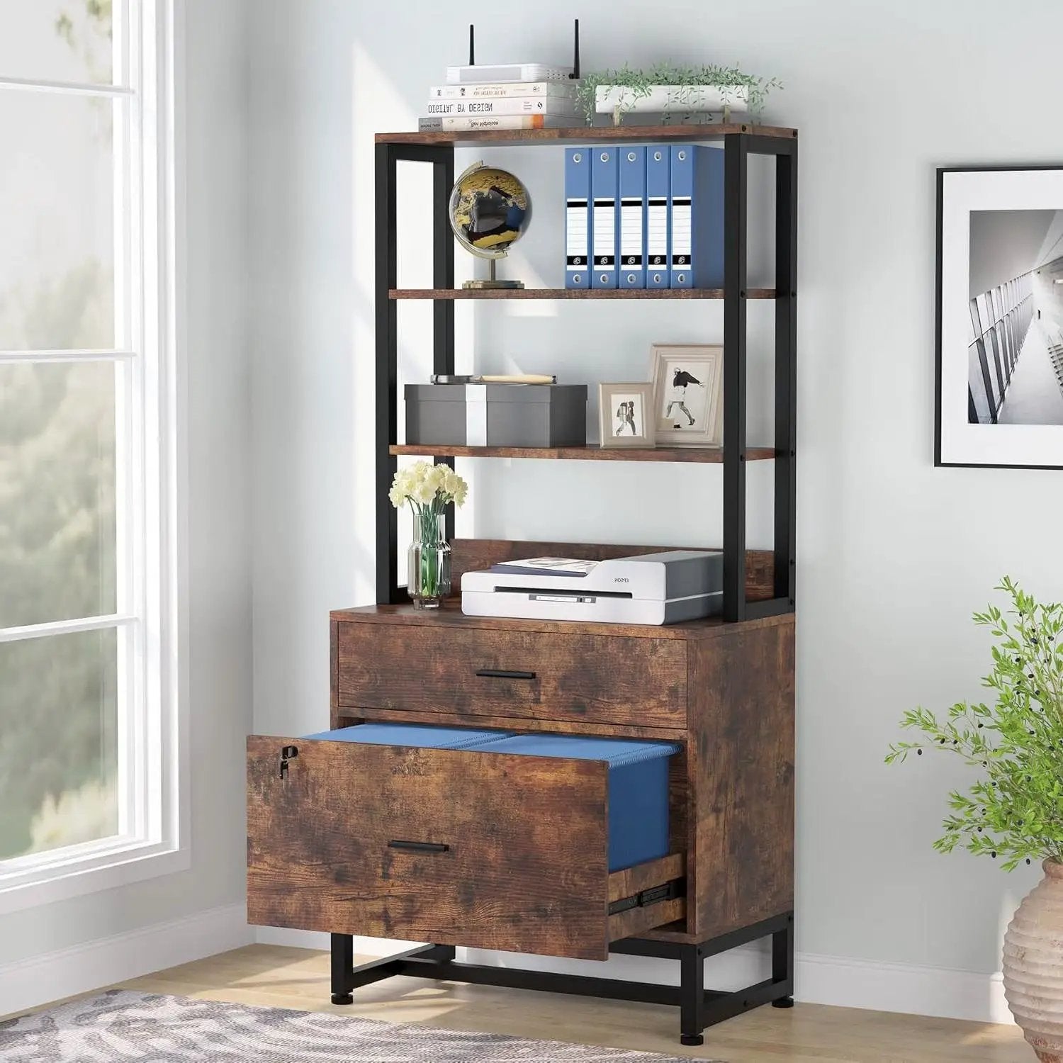 Home Office Lockable 2 Drawer Filing Cabinet Bookshelf in Brown Wood Finish by HomePacific
