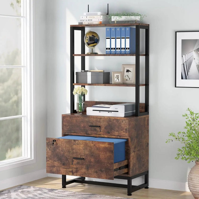 Home Office Lockable 2 Drawer Filing Cabinet Bookshelf in Brown Wood Finish by HomePacific