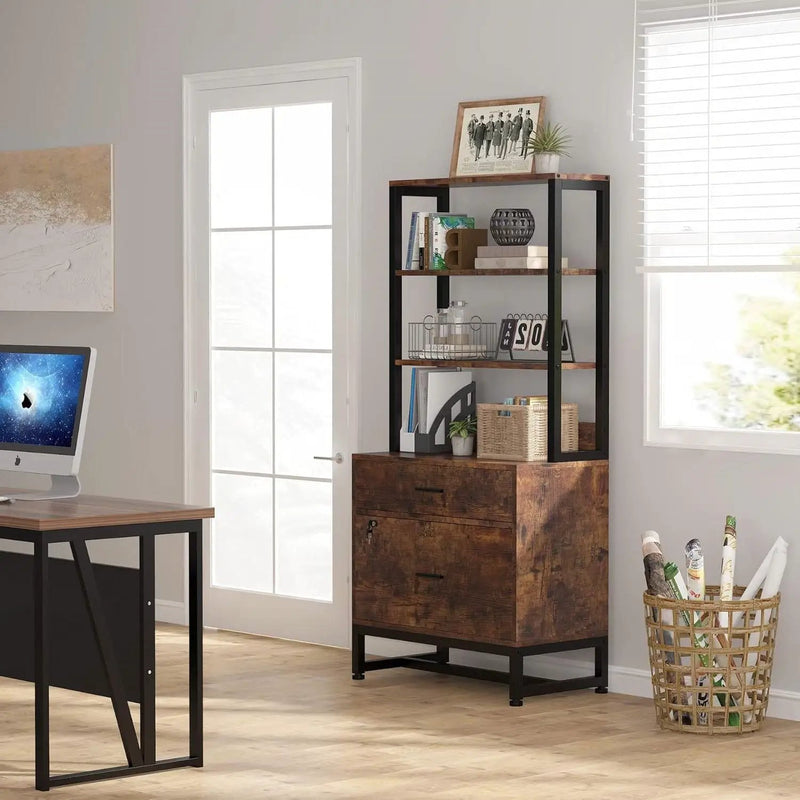 Home Office Lockable 2 Drawer Filing Cabinet Bookshelf in Brown Wood Finish by HomePacific